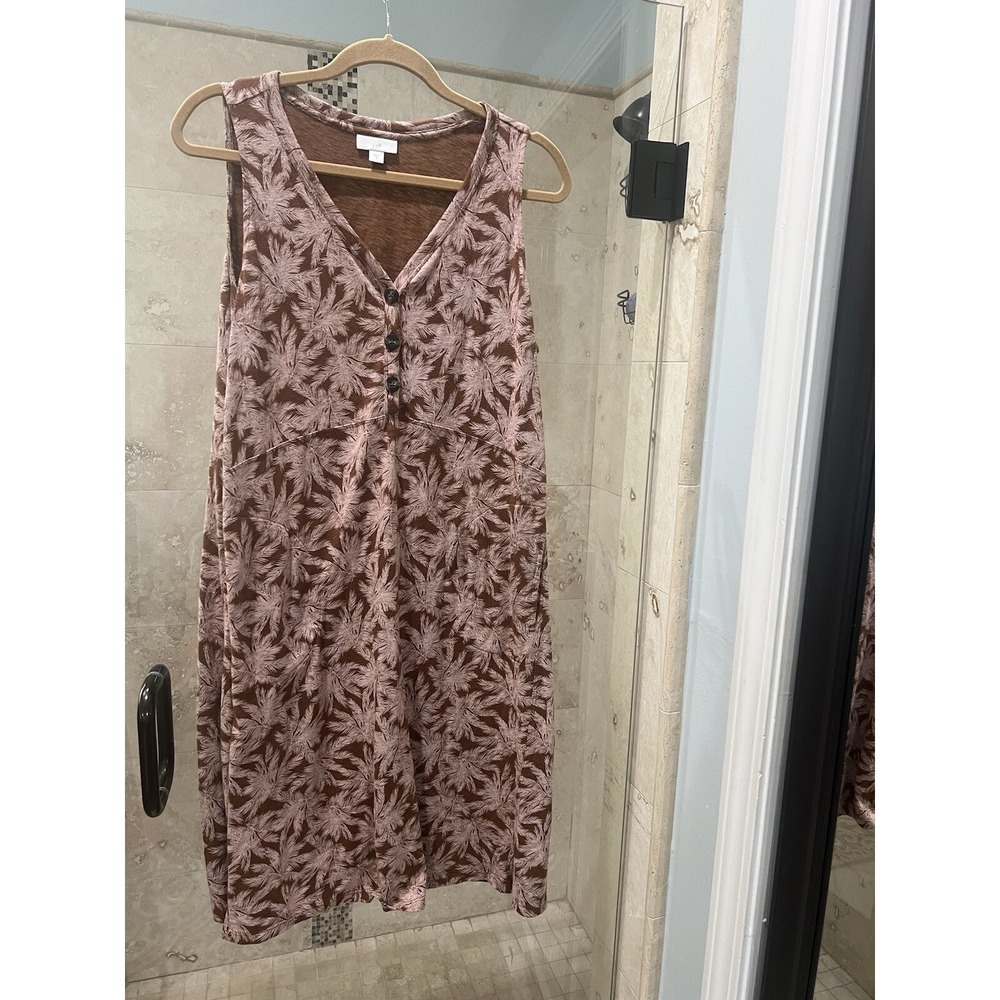 J. Jill Auburn Sketched Leaves Seamed V-Neck Tank Dress Sleeveless Pockets M
